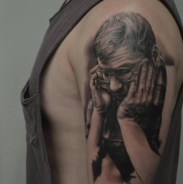 Black And Grey Man Portrait Tattoo On Man Left Half Sleeve By Ben Thomas