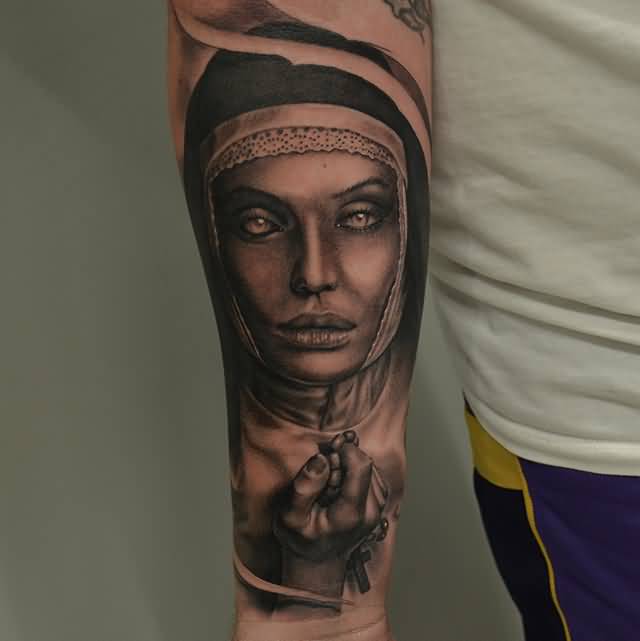 Black And Grey Rosary Cross In Female Hand Tattoo On Right Forearm By Ben Thomas