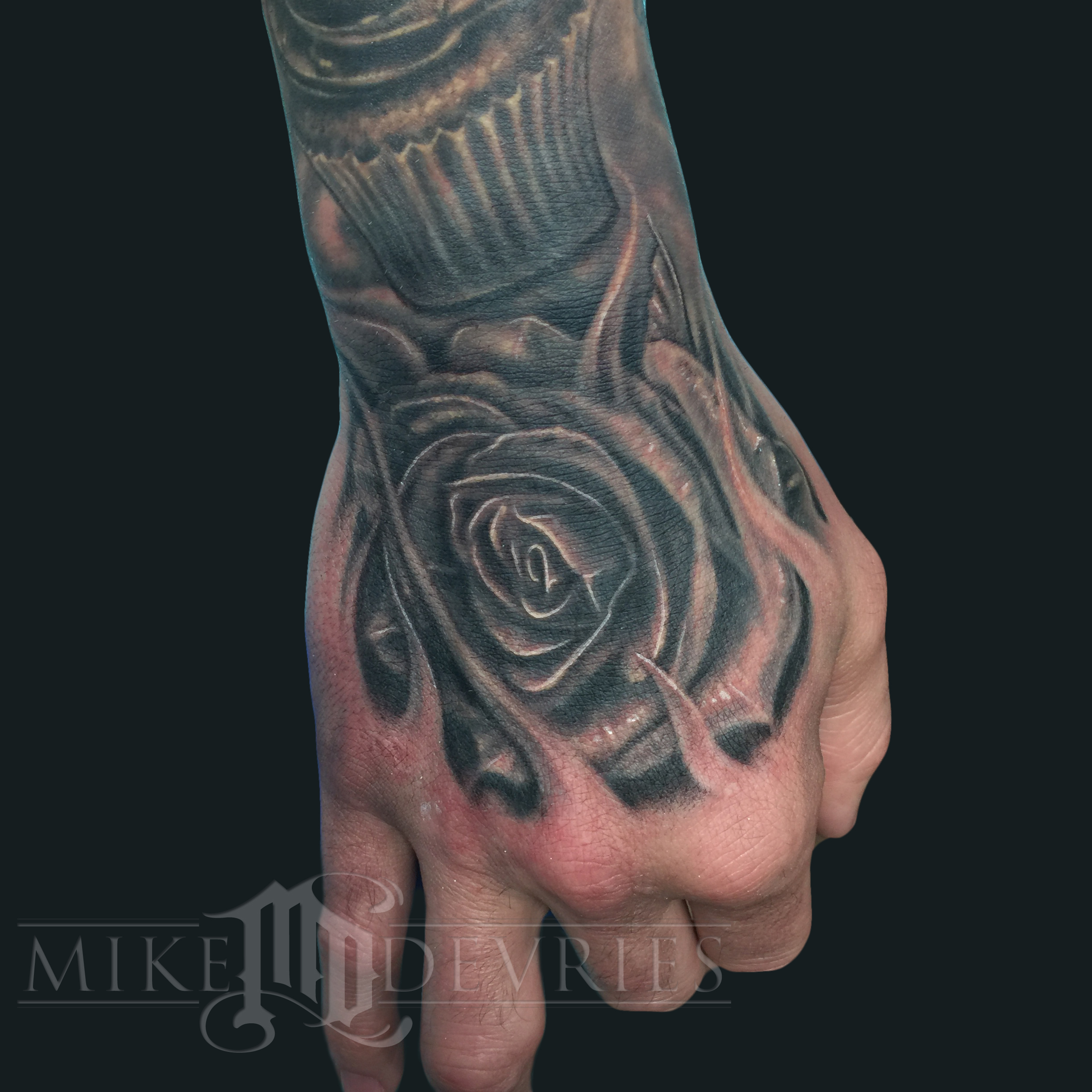 Black And Grey Rose Tattoo On Right Hand By Mike Devries