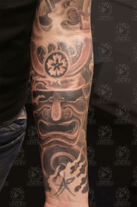 Black And Grey Samurai Head Tattoo On Forearm By Darko Groenhagen