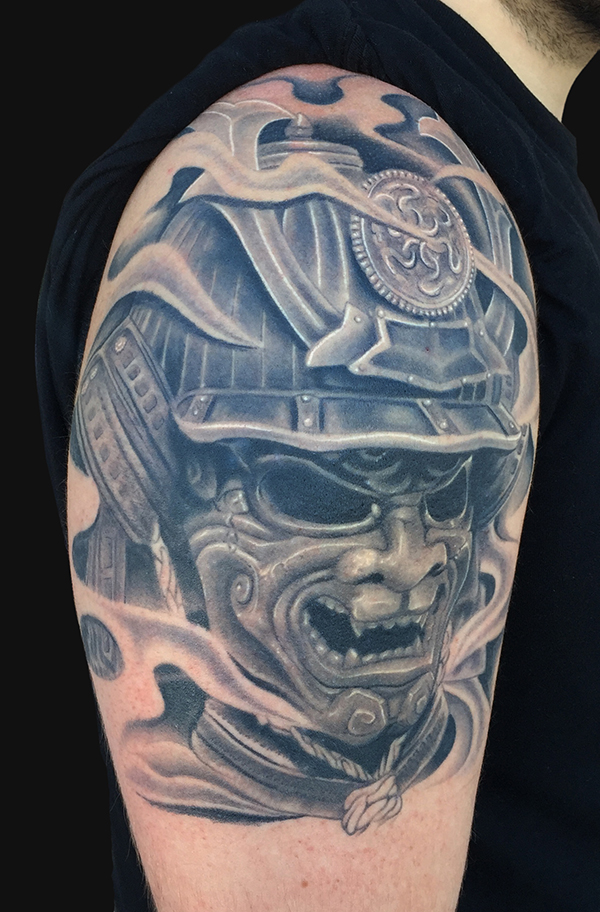 Black And Grey Samurai Head Tattoo On Man Right Half Sleeve By Daniel Chashoudian