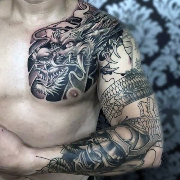 Black And Grey Samurai Head With Dragon Tattoo On Man Left Full Sleeve