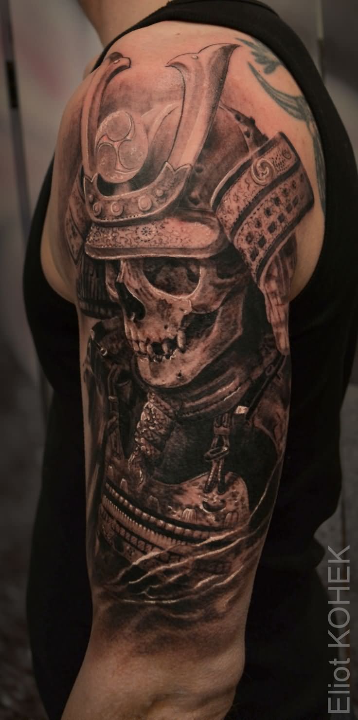 Black And Grey Samurai Skull Under Helmet Tattoo On Man Left Half Sleeve