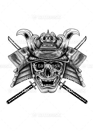 Black And Grey Samurai Skull With Two Cross Swords Tattoo Design