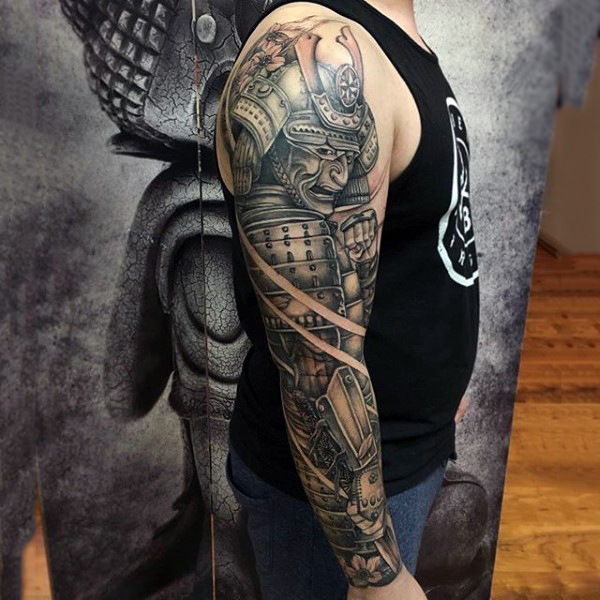 Black And Grey Samurai Tattoo On Man Right Full Sleeve