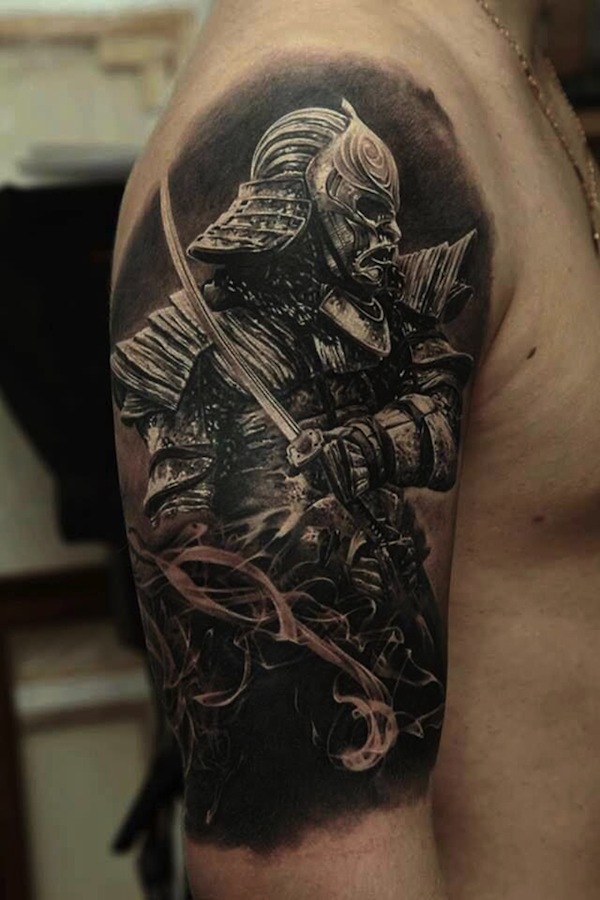 Black And Grey Samurai Tattoo On Man Right Half Sleeve By Dmitriy Samohin