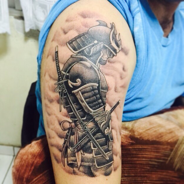 Black And Grey Samurai Tattoo On Man Right Half Sleeve