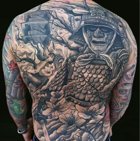 Black And Grey Samurai Warrior Tattoo On Man Full Back