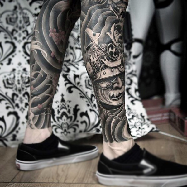 Black And Grey Samurai Warrior Tattoo On Man Right Leg