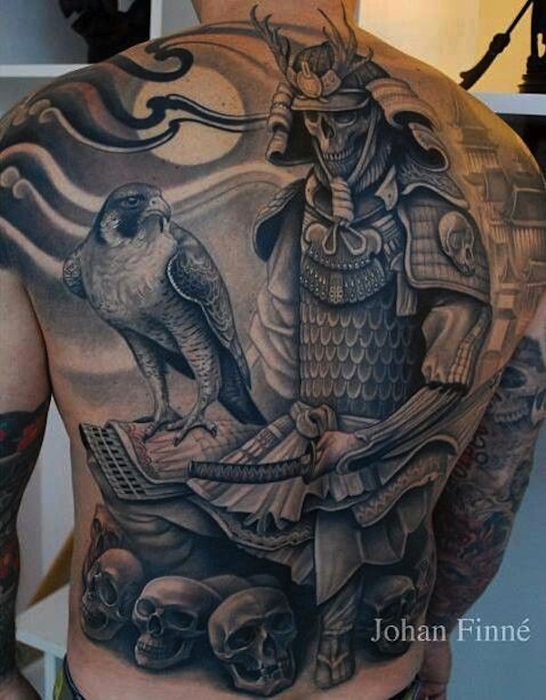 Black And Grey Samurai Warrior  With Eagle Tattoo On Man Full Back