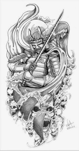 Black And Grey Samurai Warrior With Skull Tattoo Design