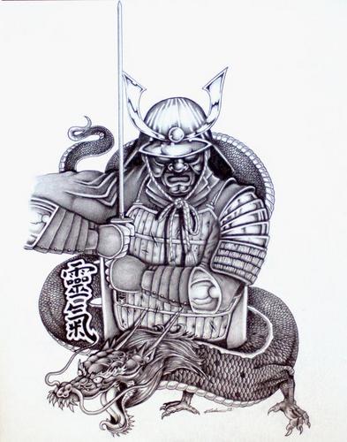 Black And Grey Samurai With Dragon Tattoo Design By Michael Brodigan