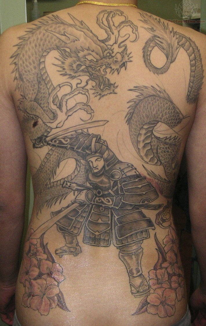 Black And Grey Samurai With Dragon Tattoo On Man Full Back By Jimmy