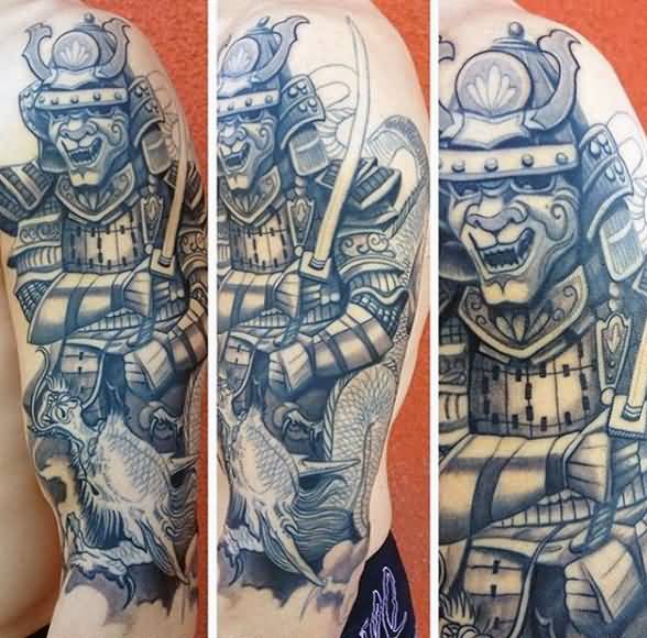 Black And Grey Samurai With Dragon Tattoo On Man Left Half Sleeve