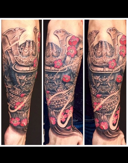 Black And Grey Samurai With Flowers Tattoo On Right Forearm