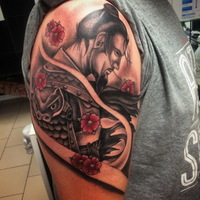 Black And Grey Samurai With Flowers Tattoo On Right Half Sleeve