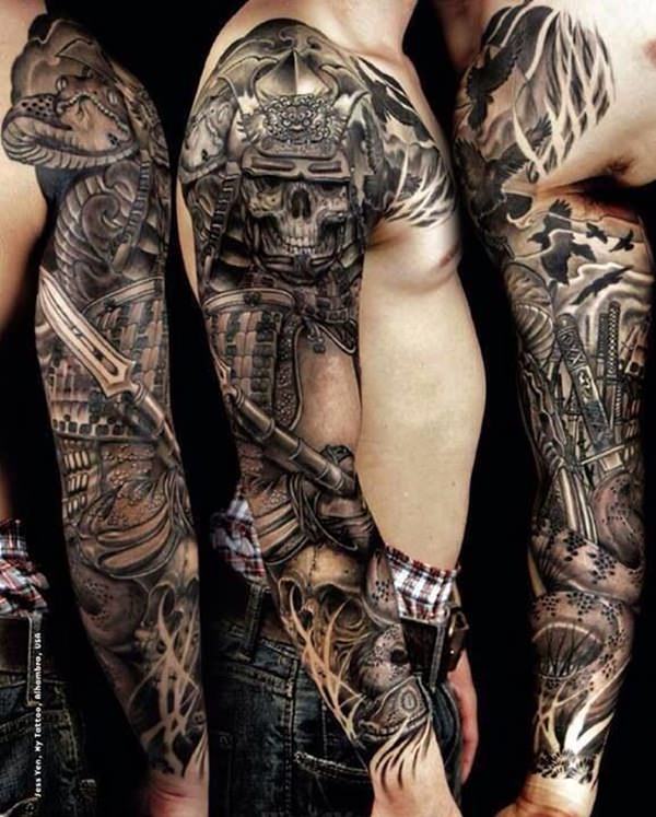 Black And Grey Samurai With Skull Tattoo On Man Right Full Sleeve
