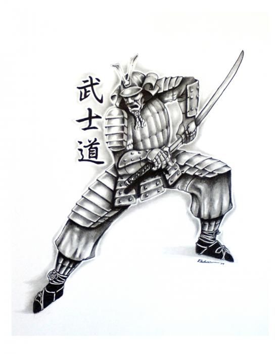 Black And Grey Samurai With Sword Tattoo Design