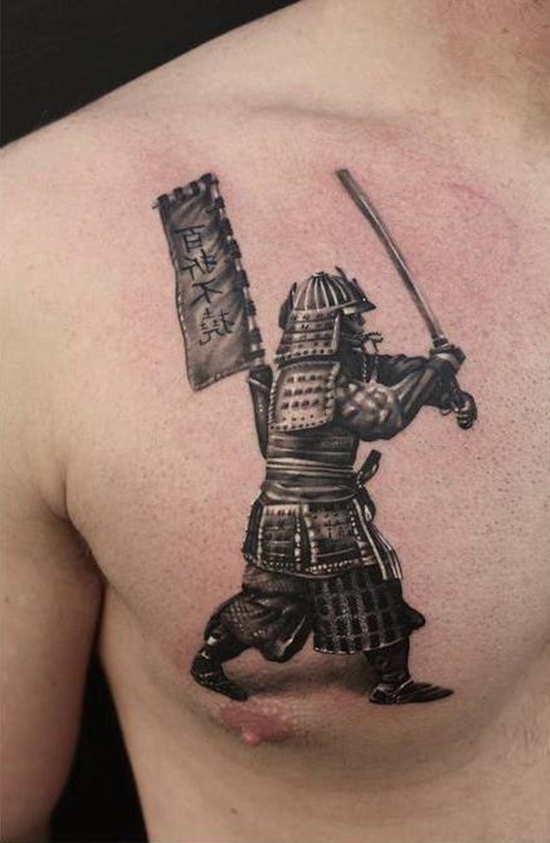 Black And Grey Samurai With Sword Tattoo On Man Right Chest