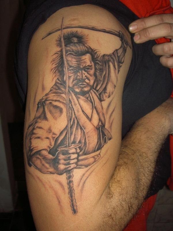 Black And Grey Samurai With Swords Tattoo On Man Right Half Sleeve