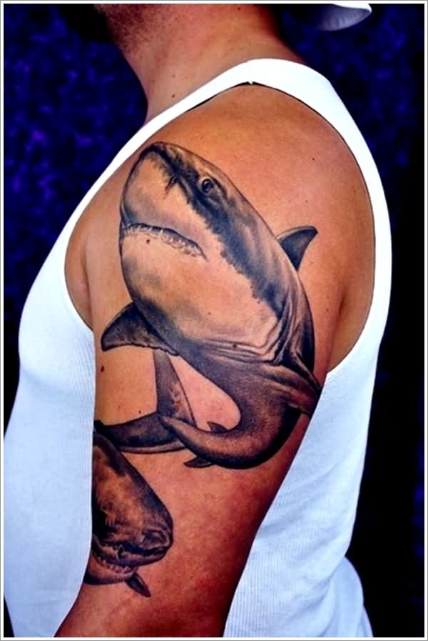 Black And Grey Shark Tattoo On Man Left Half Sleeve