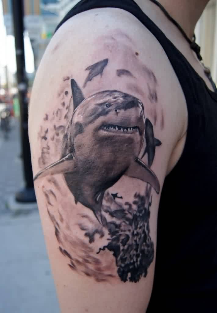 Black And Grey Shark Tattoo On Man Right Half Sleeve