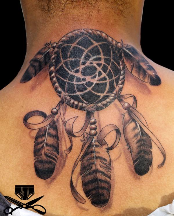 Black And Grey Simple Dreamcatcher Tattoo On Upper Back