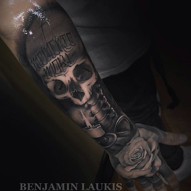 Black And Grey Skull With Burning Candle And Rose Tattoo On Right Arm And  Hand