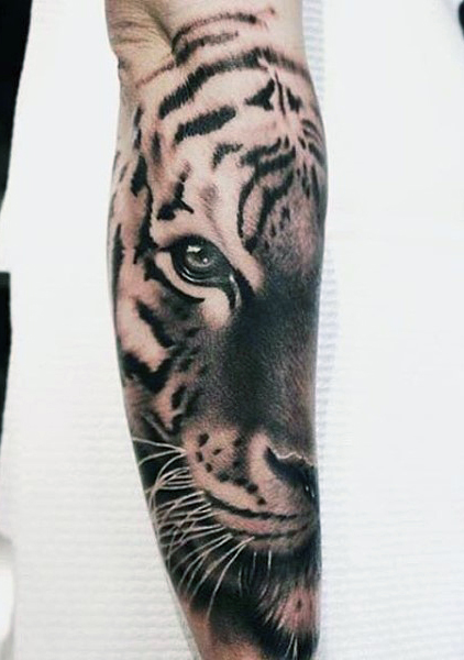 Black And Grey Tiger Eyes Tattoo
