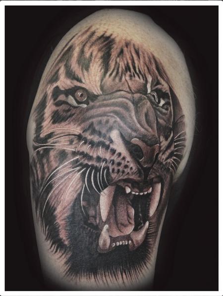 Black And Grey Tiger Head Tattoo Design