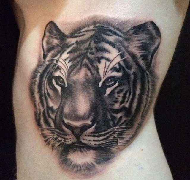 Black And Grey Tiger Head Tattoo Idea