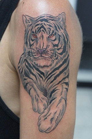 Black And Grey Tiger Tattoo On Left Half Sleeve