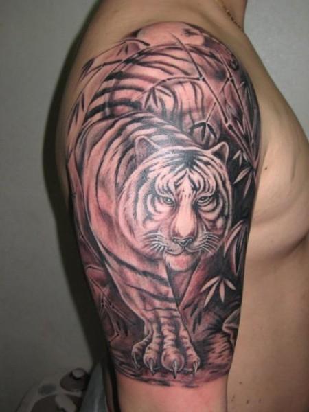 Black And Grey Tiger Tattoo On Man Right Half Sleeve