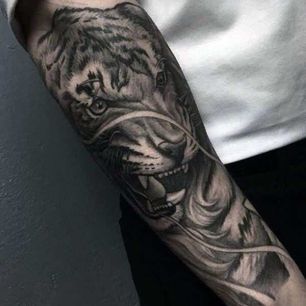 Black And Grey Tiger Tattoo On Right Forearm
