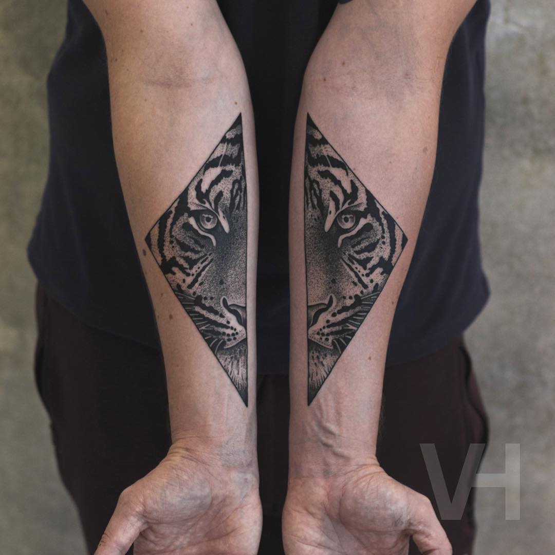 Black And Grey Tiger Tattoos On Forearm