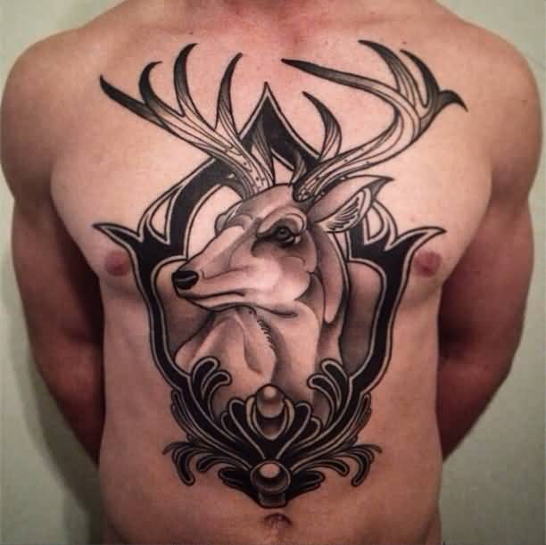 Black And Grey Traditional Deer Tattoo On Man Chest