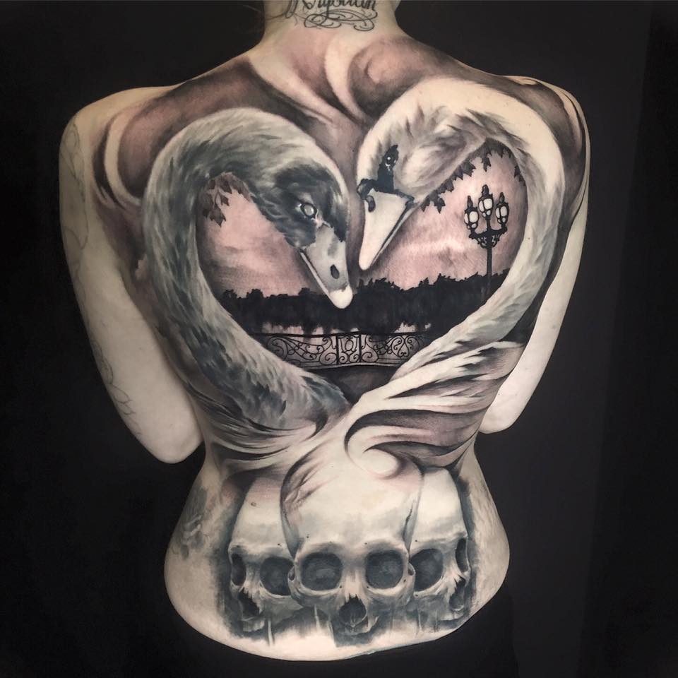 Black And Grey Two Swan With Skulls Tattoo On Full Back