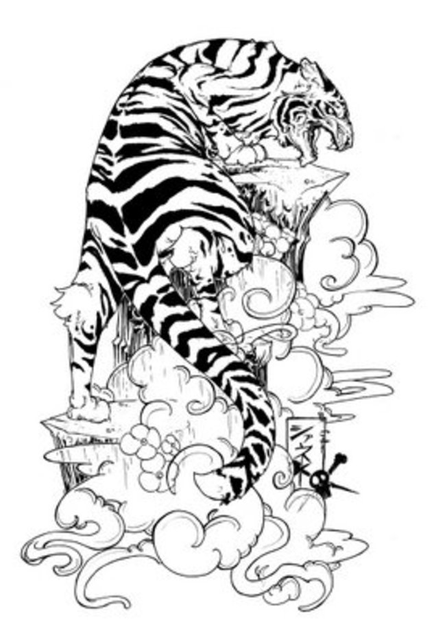 Black And White Japanese Tiger Tattoo Design