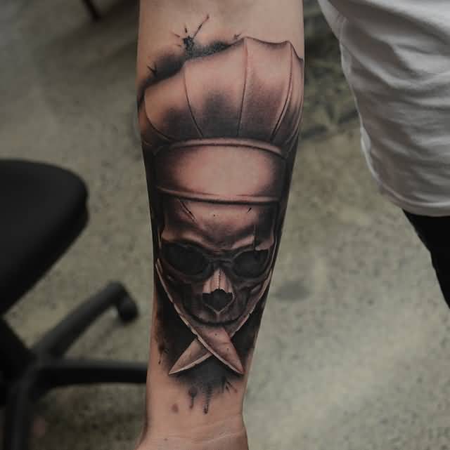 Black Ink 3D Chef Skull Tattoo On Right Forearm