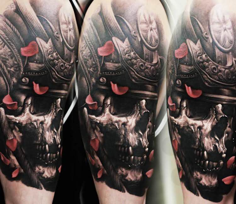 Black Ink 3D Samurai Skull Tattoo On Man Right Half Sleeve By Denis Sivak