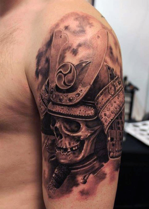 Black Ink 3D Samurai Warrior Skull Tattoo On Man Left Half Sleeve