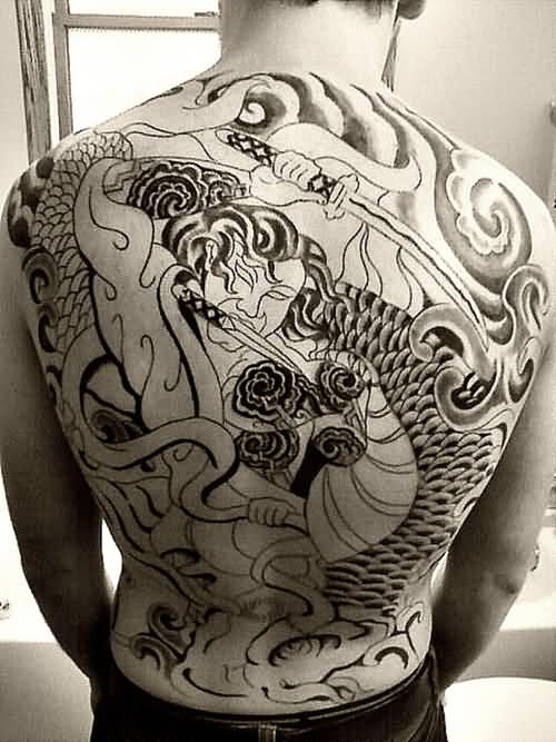 Black Ink Asian Samurai Tattoo On Man Full Back