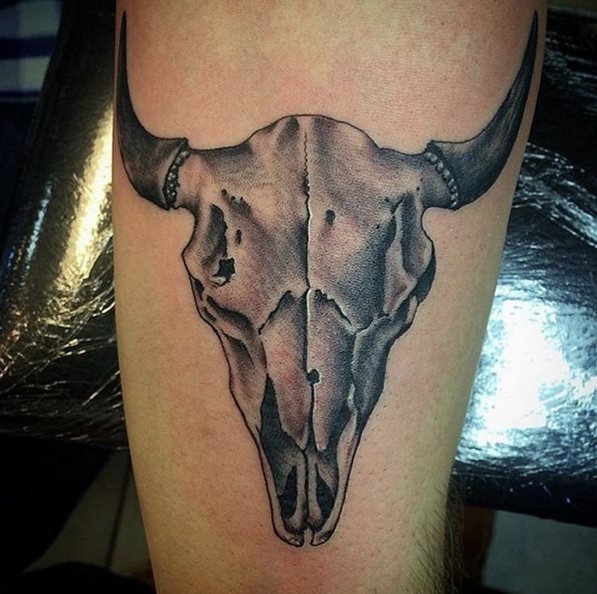 Black Ink Bull Skull Tattoo On Sleeve