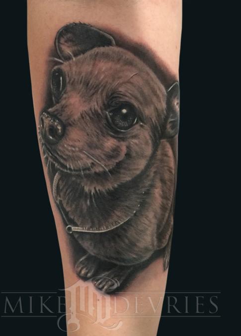Black Ink Chihuahua Dog Tattoo Design For Sleeve By Mike Devries