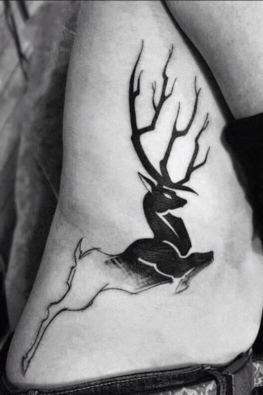 Black Ink Deer Tattoo On Rib Side For Women