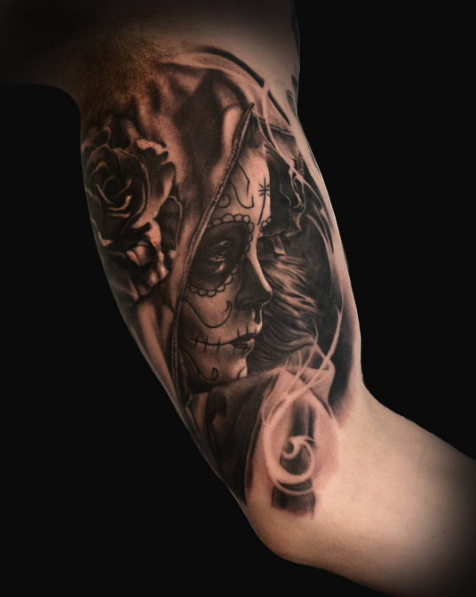 Black Ink Dia De Los Muertos Girl Face Tattoo On Left Bicep By Hokowhitu Sciascia