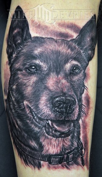 Black Ink Dog Head Tattoo Design For Sleeve By Mike Devries