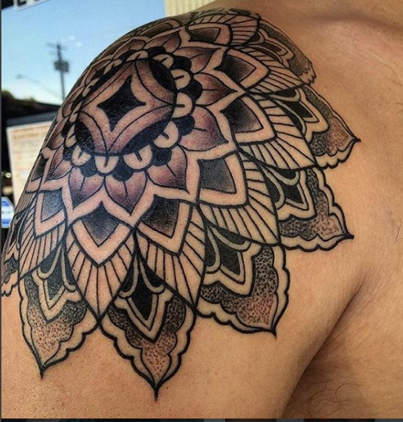 Black Ink Dotwork Mandala Flower Tattoo On Left Shoulder By Justin Brooks
