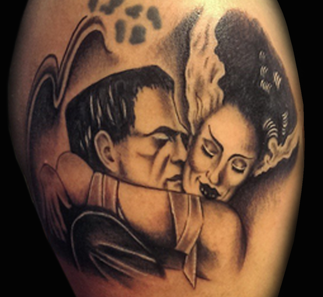 Black Ink Frankenstein With His Wife Tattoo Design