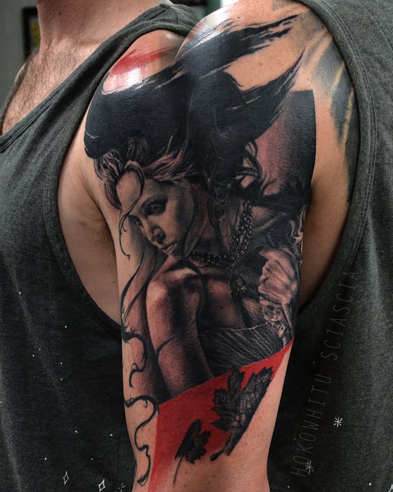Black Ink Girl Tattoo On Man Left Half Sleeve